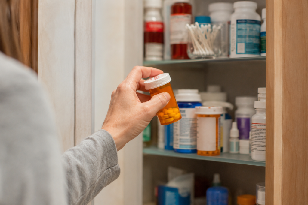 Pessoa escolhendo um frasco de medicamento em um armário doméstico com diferentes remédios e produtos de saúde ao fundo.