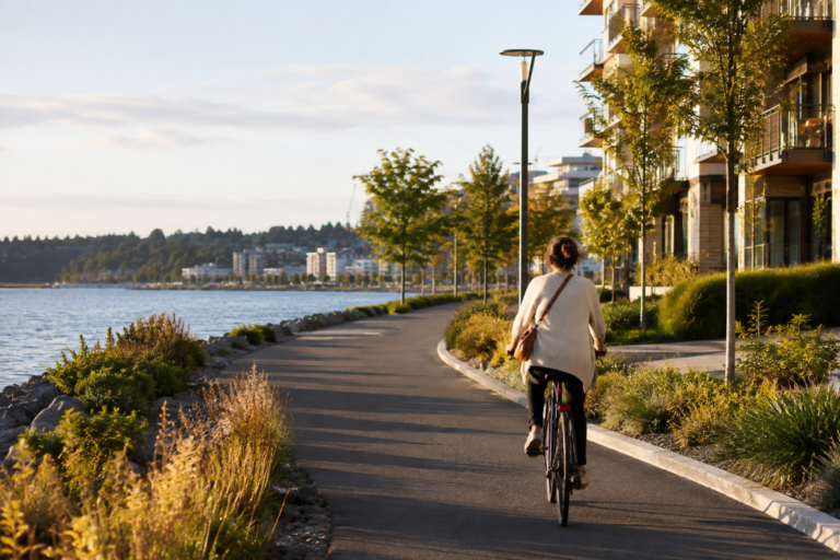 Pessoa andando de bicicleta por uma ciclovia à beira d’água no Puget Sound, com prédios residenciais, árvores e vegetação ao longo do caminho.