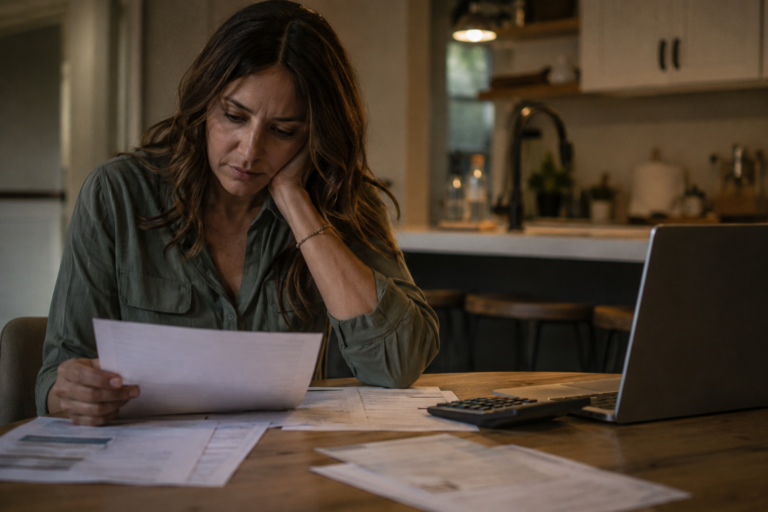 Mulher analisando documentos financeiros e despesas em uma mesa de casa após a conta bancária ficar com saldo negativo.
