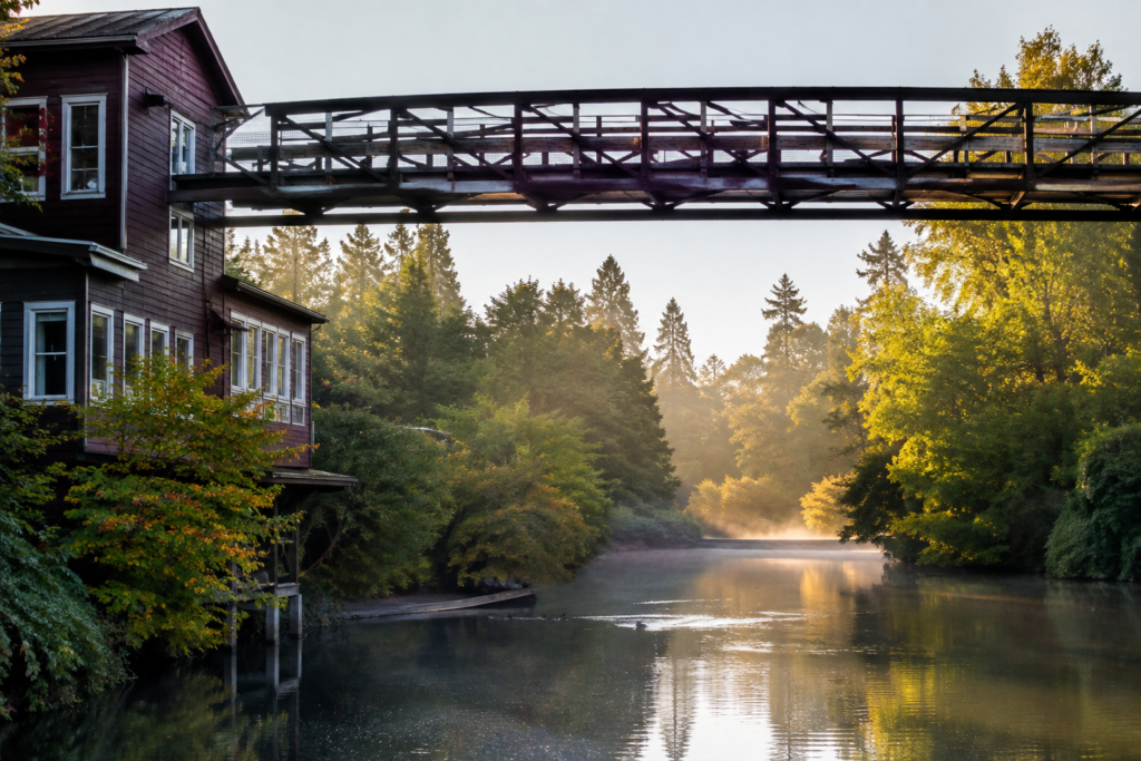 Vista do centro histórico de Bothell ao amanhecer, com o rio Sammamish em primeiro plano, uma passarela sobre a água e árvores refletidas na superfície calma, destacando a integração entre o centro urbano e o ambiente natural.