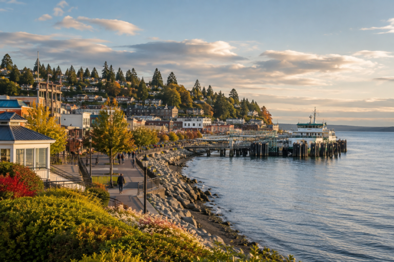 Vista do centro de Edmonds à beira do Puget Sound com o terminal de balsas, a orla arborizada e as encostas residenciais ao pôr do sol.