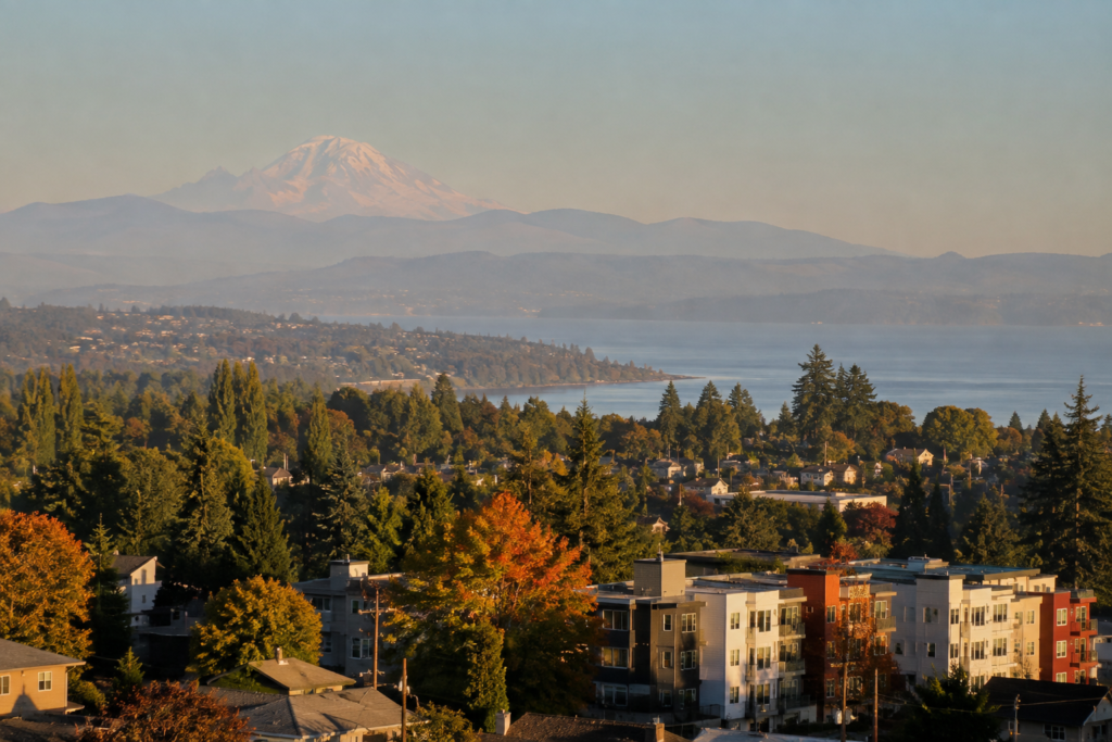Vista elevada de um bairro de Federal Way com áreas residenciais, árvores e o Puget Sound ao fundo em um fim de tarde ensolarado.