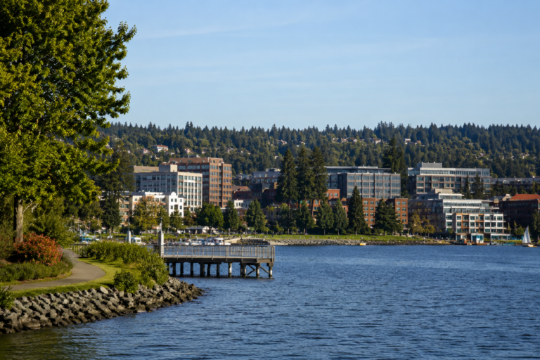 Vista do centro de Kirkland às margens do Lago Washington, com waterfront, píer, parque e edifícios urbanos ao fundo.