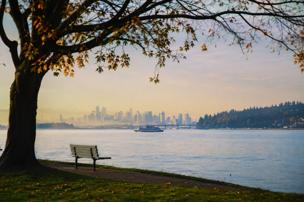 Vista do Lake Washington a partir de Mercer Island, com árvores e área verde junto à margem e o horizonte urbano ao fundo.
