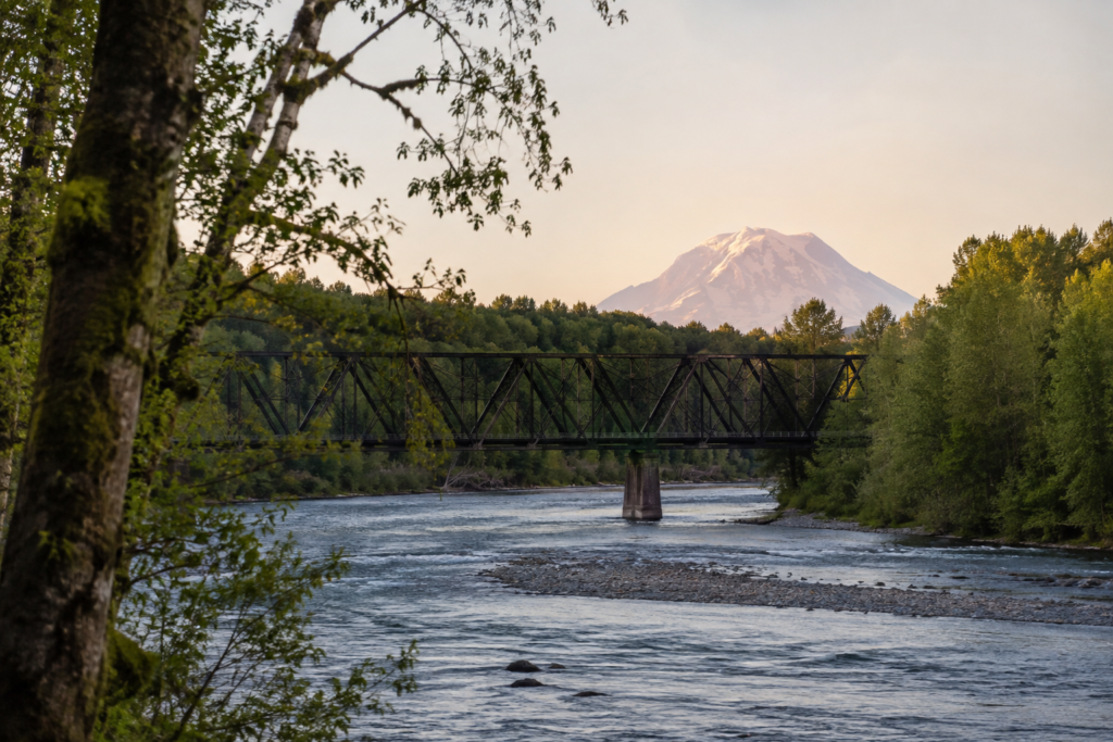 Rio Puyallup atravessando o vale, com ponte ferroviária entre as árvores e o Mount Rainier ao fundo.
