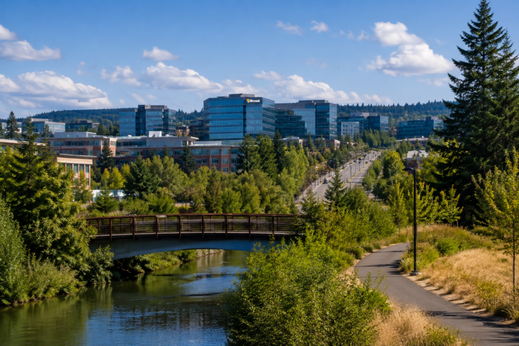 Vista ampla de Redmond mostrando o corredor do Sammamish River, uma ponte para pedestres, trilhas arborizadas e edifícios modernos de escritórios integrados à paisagem urbana do Eastside.