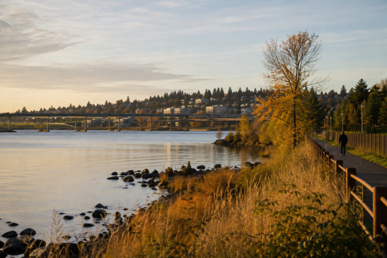 Vista editorial das margens do Cedar River em Renton ao entardecer, com calçadão à beira da água, vegetação nativa, ponte ao fundo e bairros residenciais nas encostas, representando a conexão entre natureza, infraestrutura e desenvolvimento urbano da cidade.