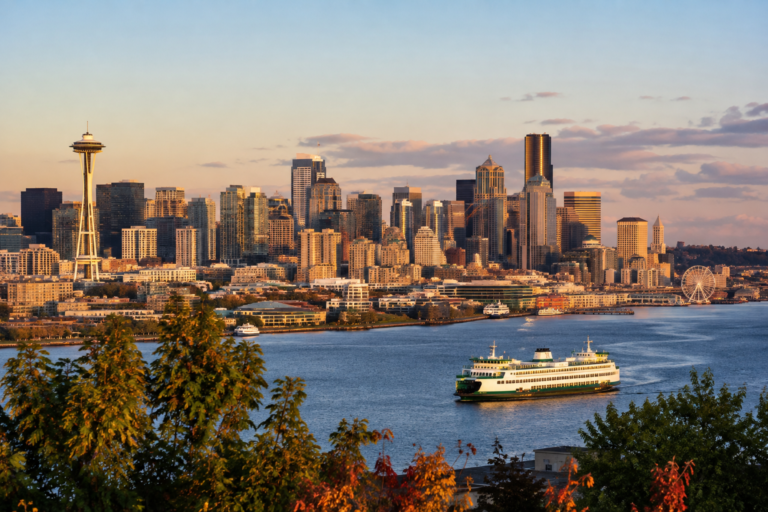 Vista do horizonte urbano de Seattle ao entardecer, a partir de Elliott Bay, com uma balsa do estado de Washington atravessando a água e a orla do centro iluminada pela luz quente do fim do dia.