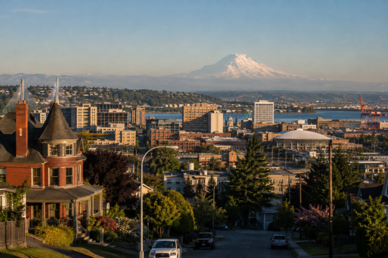 Vista elevada de Tacoma mostrando um bairro histórico em primeiro plano, o centro da cidade, a orla de Commencement Bay e o Monte Rainier ao fundo.