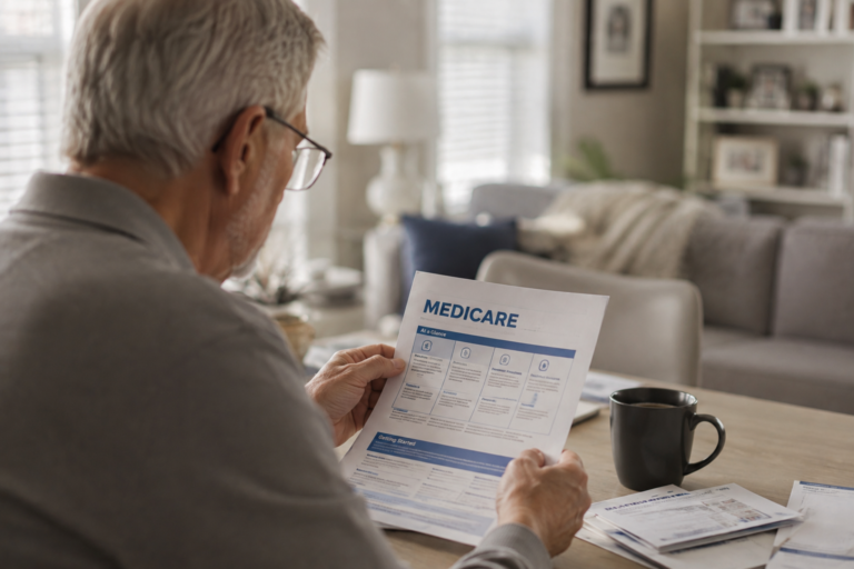 Uma pessoa idosa lê informações sobre o programa Medicare em casa, com documentos sobre a mesa e iluminação natural, em um ambiente residencial tranquilo.