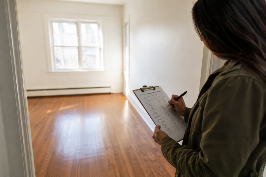 Pessoa realizando a inspeção de entrada em um apartamento vazio, observando as condições do imóvel com uma prancheta em mãos.