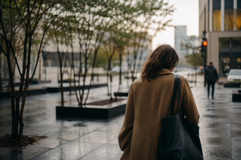 Mulher caminhando sozinha por uma área comercial urbana após sair do trabalho em um dia chuvoso.