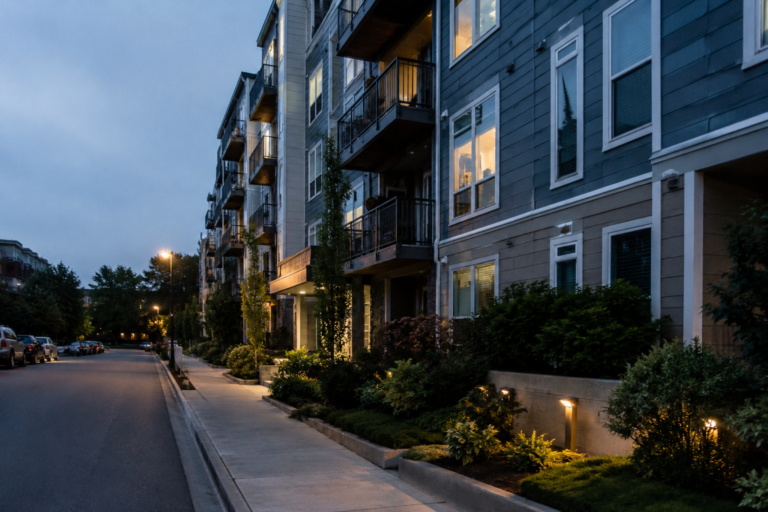 Um conjunto residencial ao entardecer, com prédios de apartamentos, varandas, janelas iluminadas e uma rua tranquila, representando moradias alugadas e o histórico de locação.