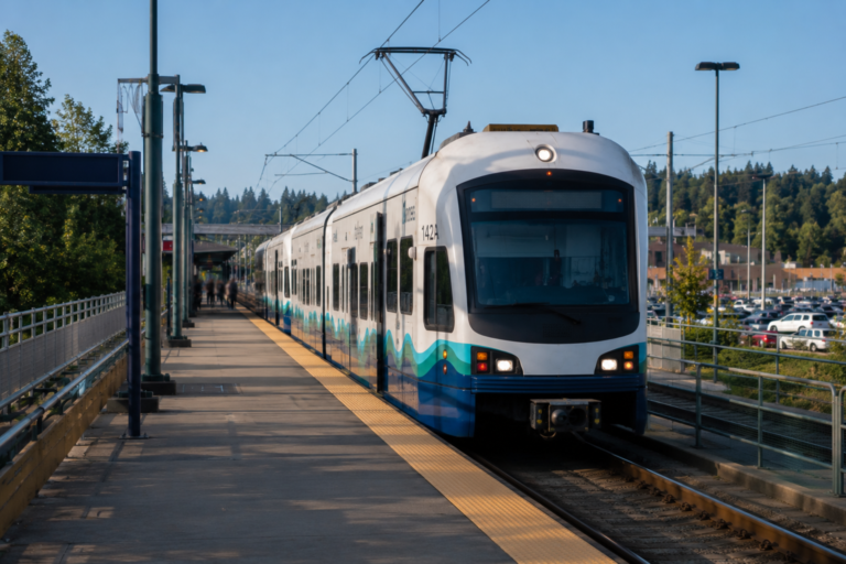 Trem leve Link light rail chegando a uma estação de transporte público na região do Puget Sound.