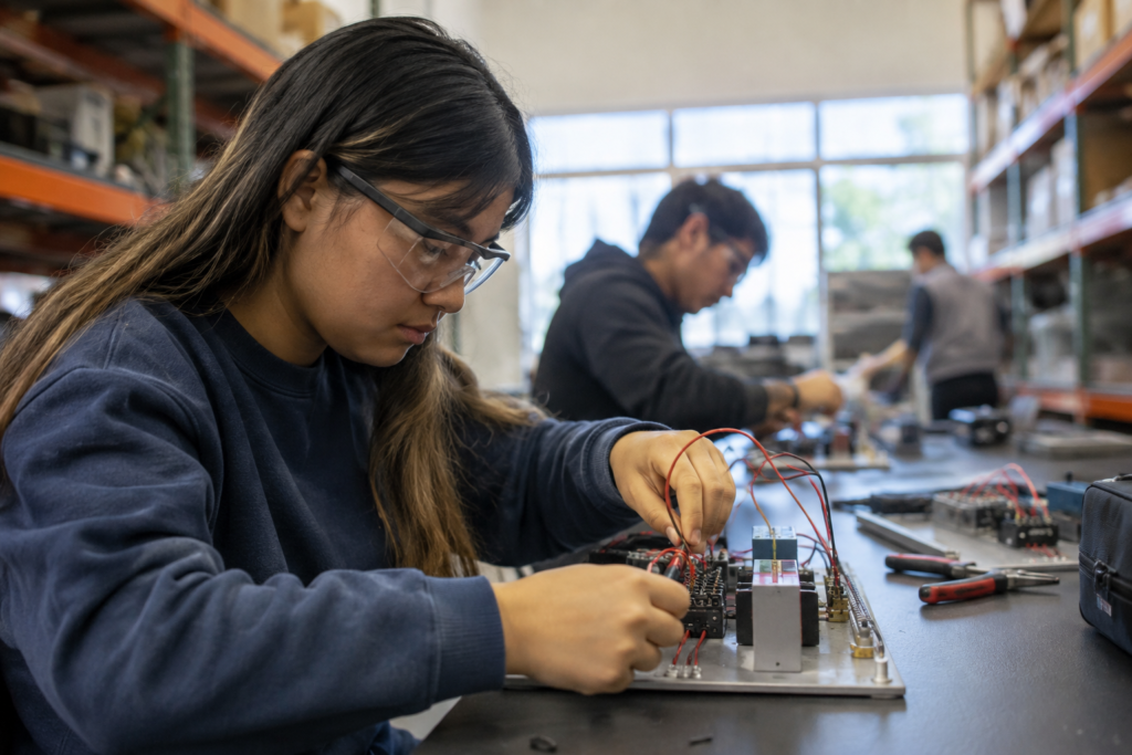 Estudante do High School participa de aula prática de eletrônica em um laboratório de nível universitário.
