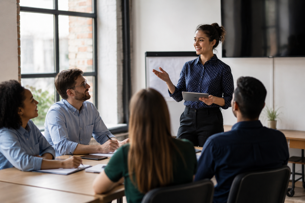 Equipe participando do processo de integração e orientação de novos funcionários durante treinamento em um escritório.