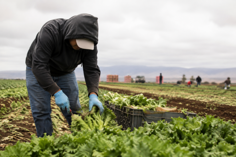 Trabalhador sazonal colhendo verduras em uma plantação durante uma jornada de trabalho no campo.