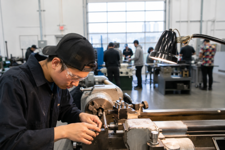 Estudante usando torno mecânico em uma oficina de ensino técnico de um community college, com outros alunos trabalhando ao fundo.