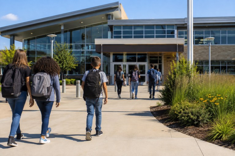 Distrito escolar público moderno com estudantes caminhando em direção à entrada da escola em um dia ensolarado.