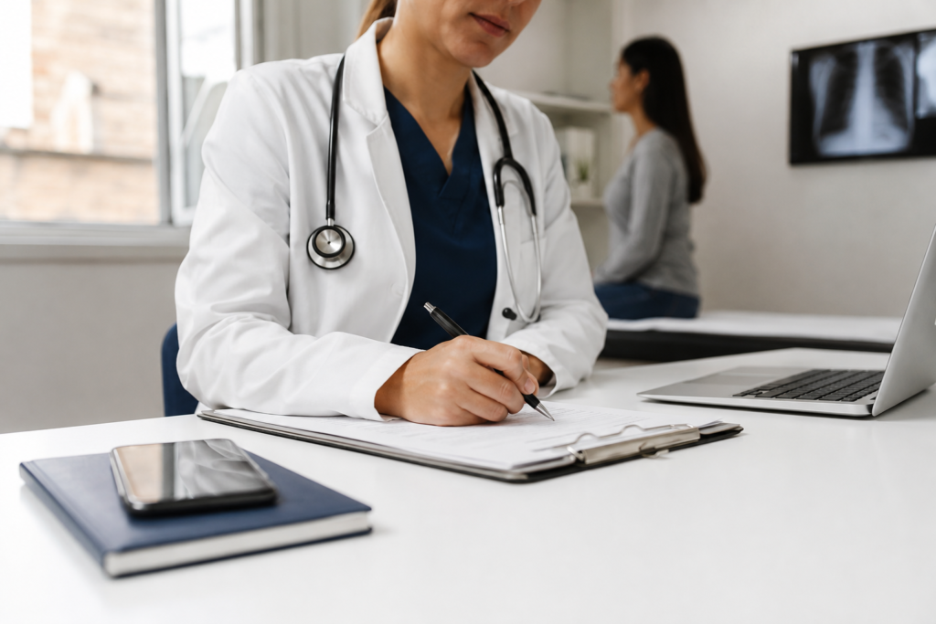 Especialista médico atendendo em consultório durante consulta clínica.