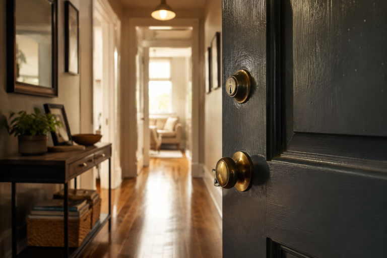 Porta de entrada aberta revela o interior iluminado de um imóvel residencial disponível para locação.