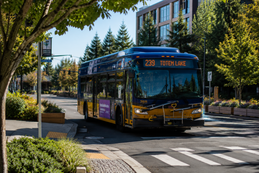 Ônibus de transporte público circulando por uma avenida arborizada na região do Puget Sound.