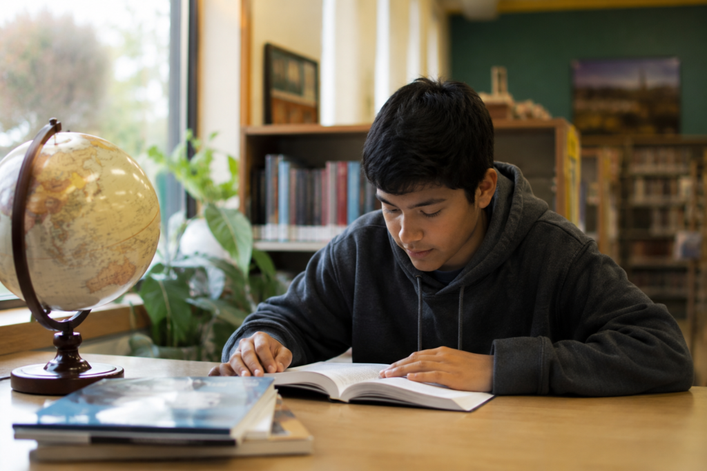 Estudante lendo um livro em uma biblioteca escolar, com estantes de livros e um globo ao fundo.