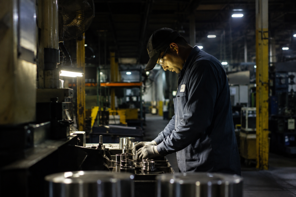 Trabalhador durante seu turno em uma oficina industrial, operando equipamentos em uma bancada de produção.