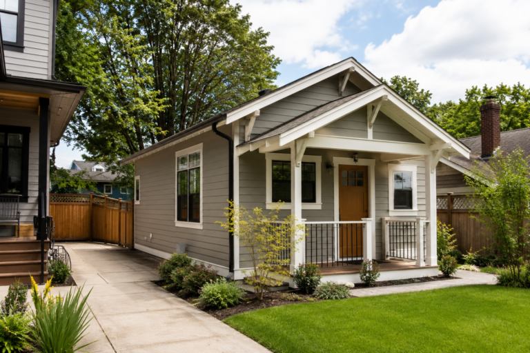 Uma ADU (Accessory Dwelling Unit) independente construída no quintal de uma residência principal em um bairro residencial do estado de Washington.