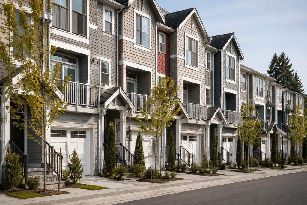 Uma fileira de townhouses modernas com entradas independentes e garagens individuais em um bairro residencial, destacando a arquitetura típica desse tipo de moradia nos Estados Unidos.