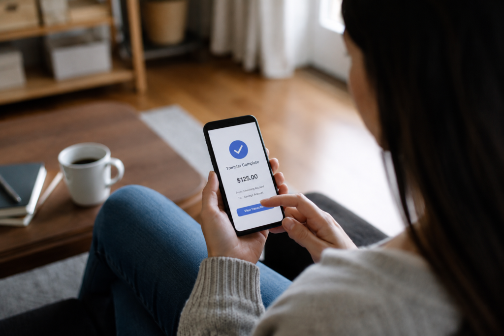 Pessoa utilizando um aplicativo bancário no celular para realizar uma transferência eletrônica de dinheiro entre contas bancárias nos Estados Unidos.