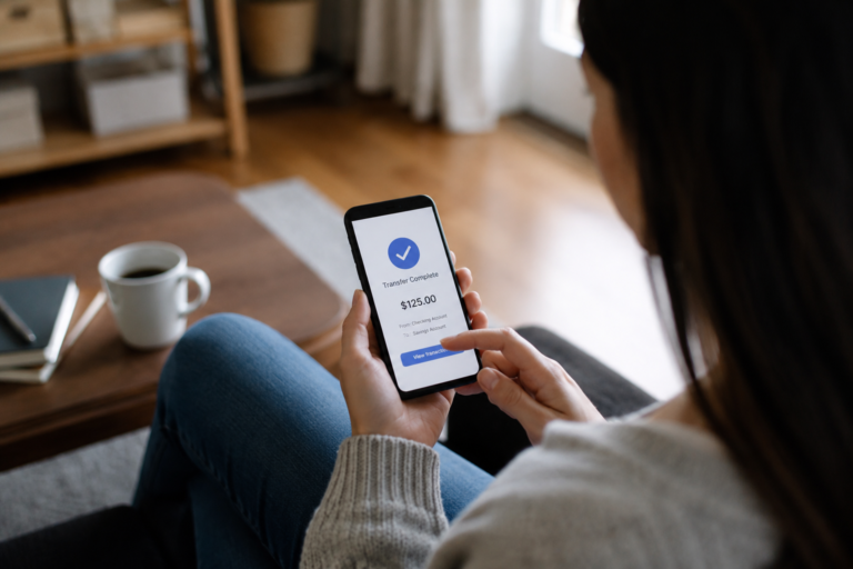 Pessoa utilizando um aplicativo bancário no celular para realizar uma transferência eletrônica de dinheiro entre contas bancárias nos Estados Unidos.