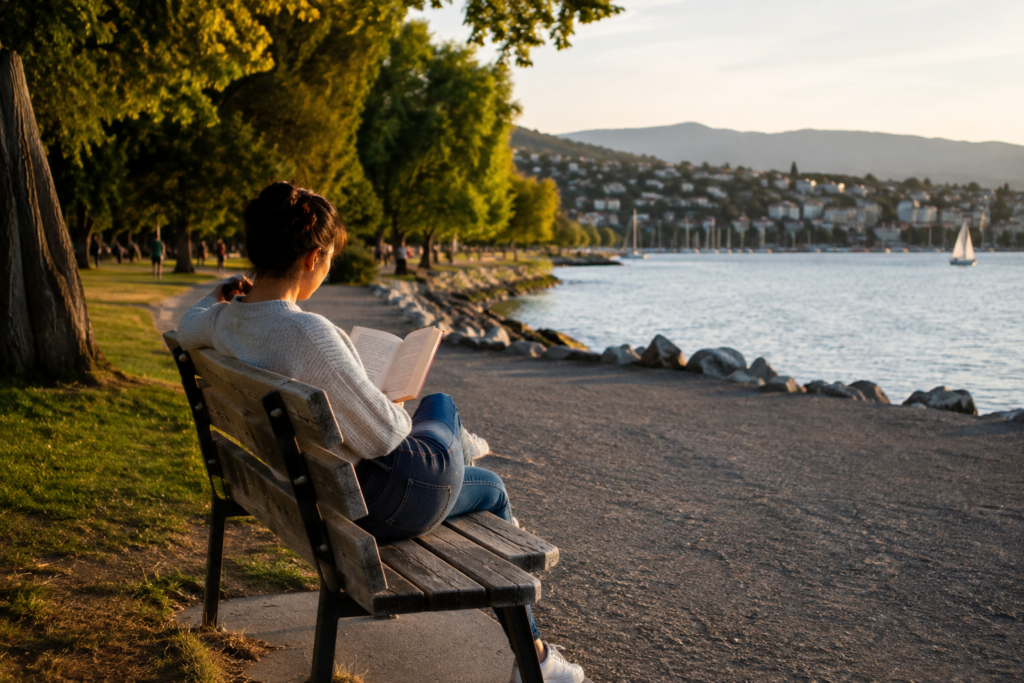Funcionária aproveitando um benefício de tempo livre em um parque à beira da água.