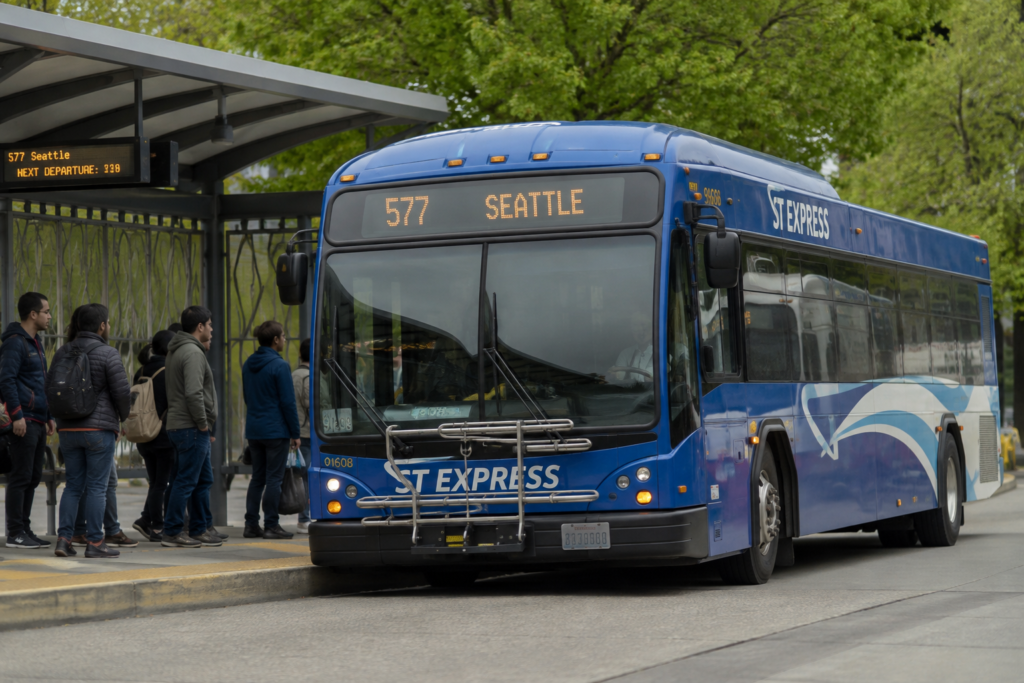 Ônibus ST Express parado em um ponto de transporte regional na região do Puget Sound enquanto passageiros aguardam o embarque.
