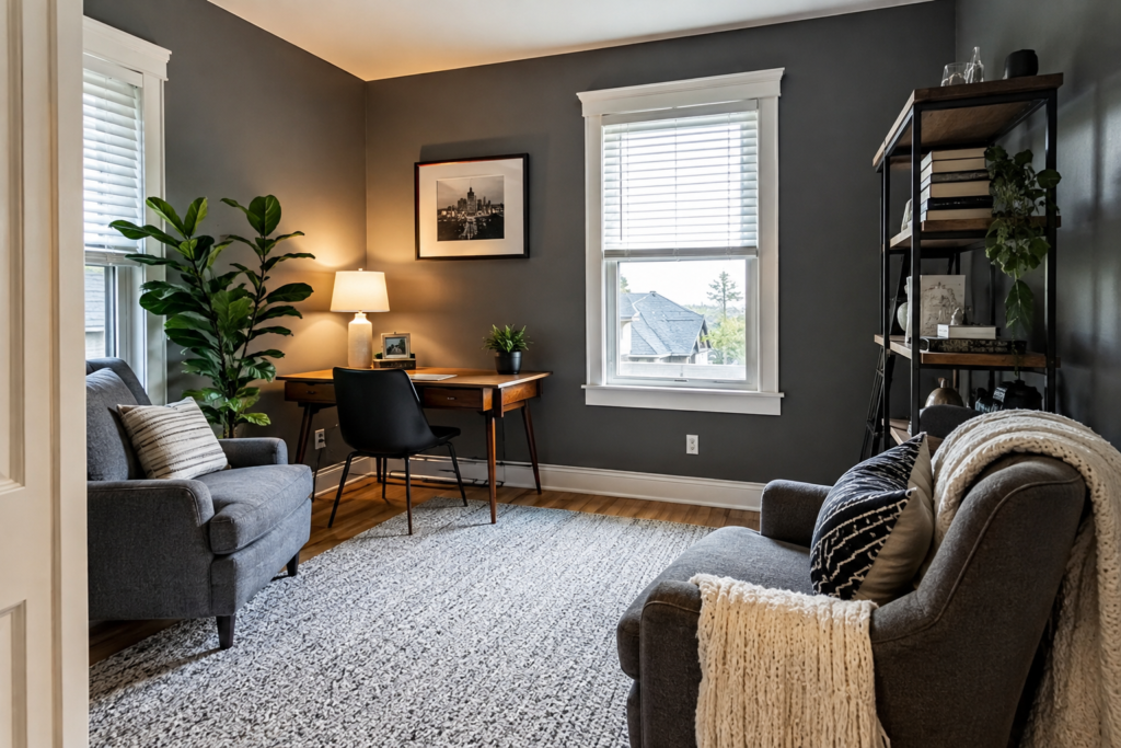 Uma sala multifuncional em uma residência nos Estados Unidos, com mesa de trabalho, poltronas e estante, ilustrando um den, um cômodo de uso flexível que pode servir como escritório, sala de leitura ou espaço de estudos.