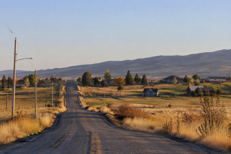 Uma estrada local atravessa uma área rural não incorporada, com casas dispersas, terrenos abertos, postes de serviços públicos e colinas ao fundo.