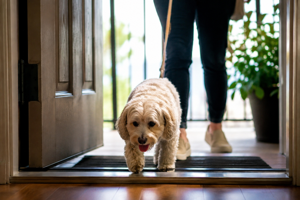 Cachorro entrando em um imóvel acompanhado pelo tutor, representando uma residência que aceita animais de estimação.