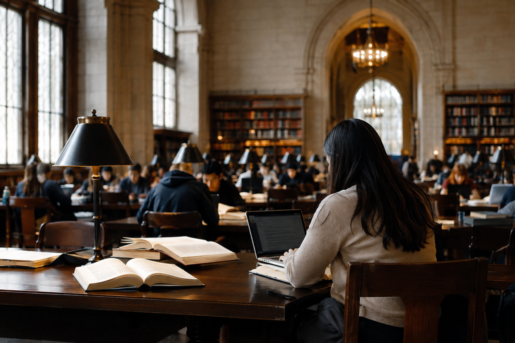 Biblioteca universitária com estudantes estudando em mesas de leitura, livros abertos e computadores em um amplo ambiente acadêmico.