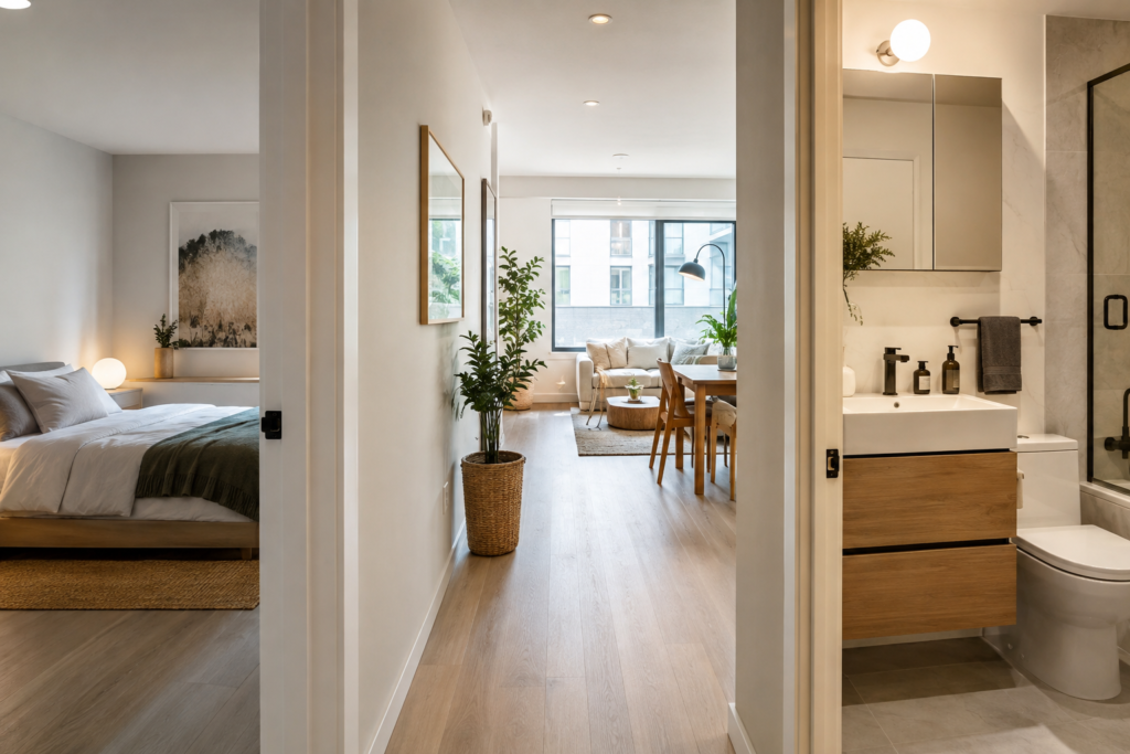 Interior de um apartamento mostrando, no mesmo enquadramento, um quarto, um banheiro completo e a área de estar ao fundo.
