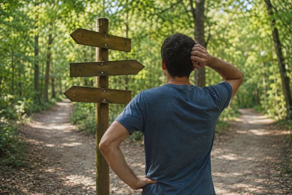 Homem observa diferentes caminhos em uma trilha arborizada, representando a avaliação de opções antes de tomar uma decisão profissional.