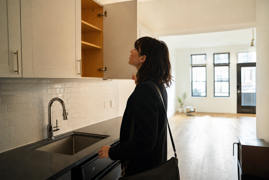 Mulher verificando armários e condições da cozinha durante uma visita a um imóvel para alugar.