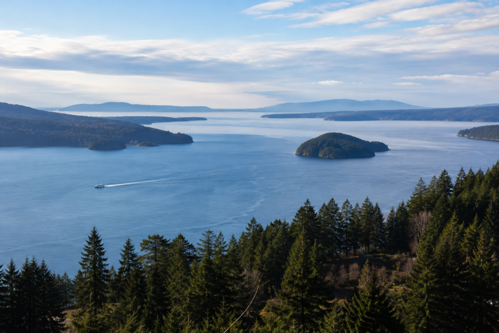 Vista panorâmica do Puget Sound com ilhas arborizadas, águas calmas e montanhas ao fundo em um dia claro no estado de Washington.