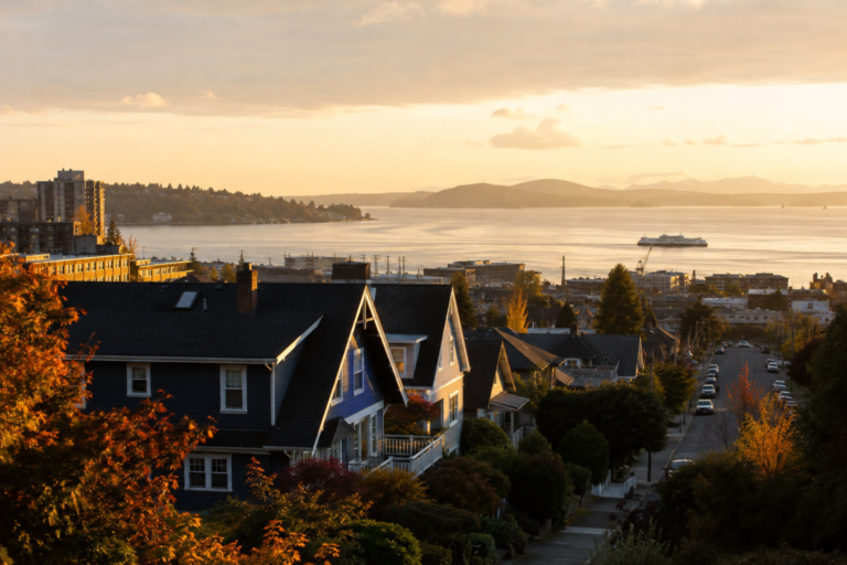 Vista de uma área residencial do Puget Sound, com casas em primeiro plano, área urbana, água e uma balsa ao fundo.
