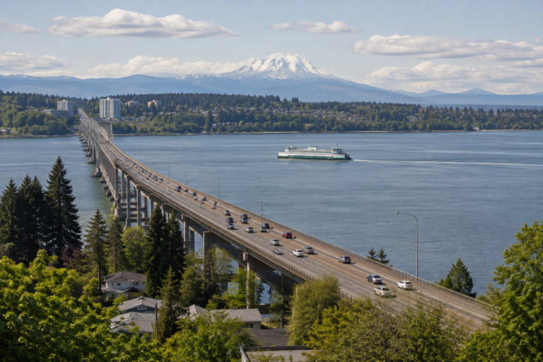 Vista aérea de uma ponte sobre a água no Puget Sound, com um ferry navegando ao lado e o Monte Rainier ao fundo, ilustrando diferentes modos de transporte na região.