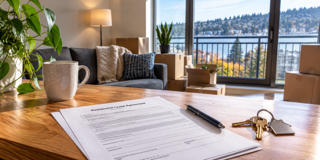 Contrato de aluguel e chaves sobre uma mesa em um apartamento durante uma mudança.