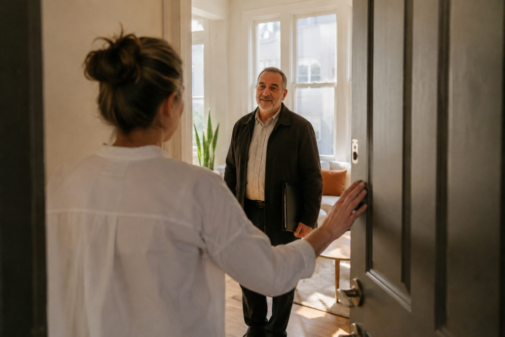 Moradora abre a porta de um imóvel alugado para receber um homem durante uma visita previamente combinada.