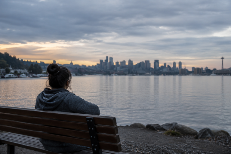 Pessoa sentada de costas em um banco à beira da água, com a paisagem urbana de Seattle ao fundo sob um céu nublado.