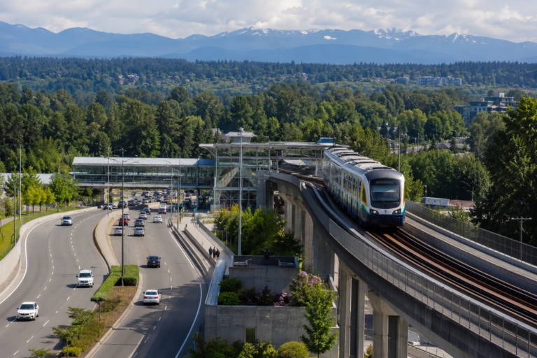 Transporte público e rodoviário na região do Puget Sound com trem leve, rodovia e paisagem urbana ao fundo.