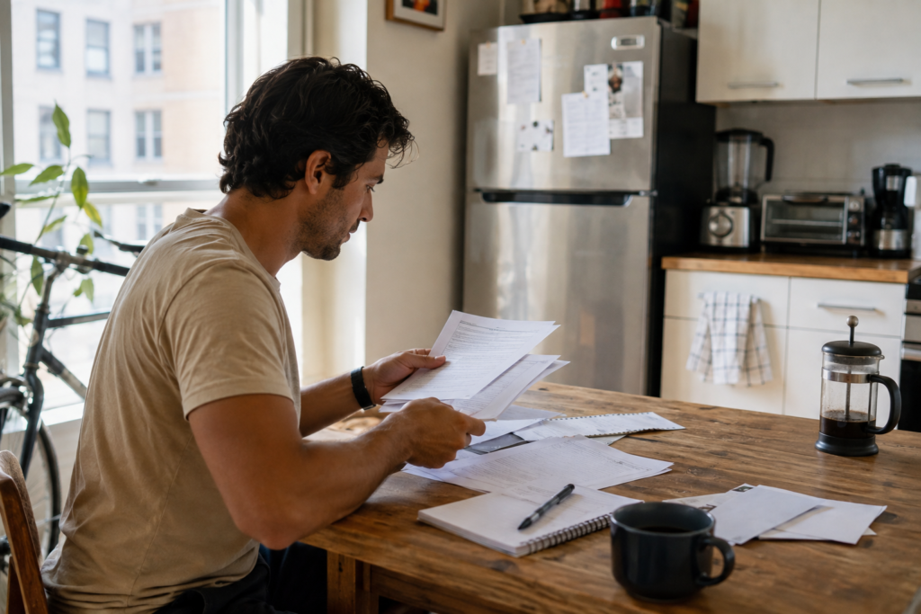 Homem organizando correspondências e documentos financeiros à mesa de casa, representando os primeiros passos para estabelecer crédito nos Estados Unidos.