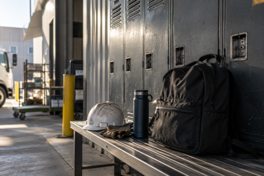 Uma mochila ao lado dos lockers